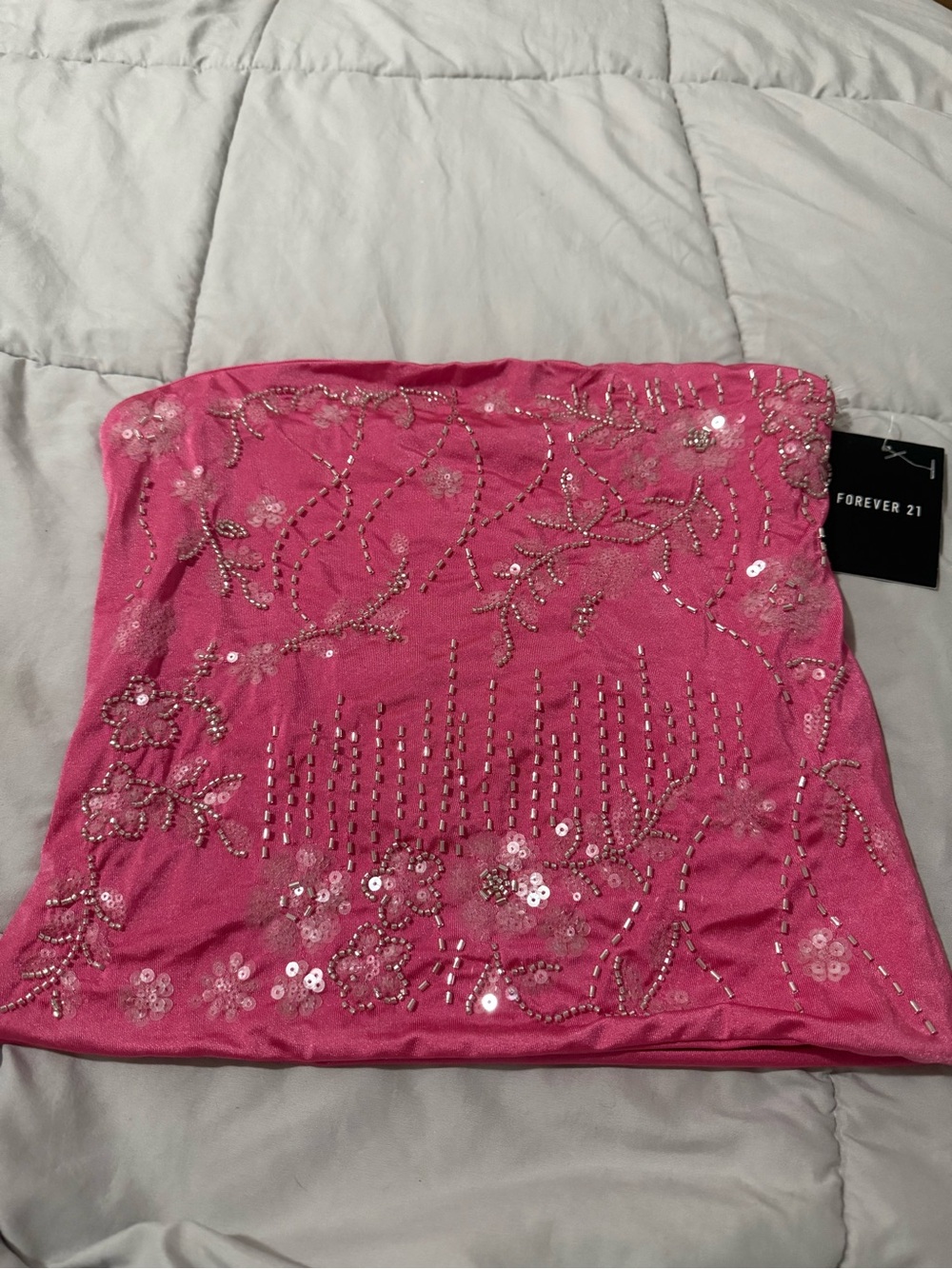 Forever 21 Hot Pink Sequin Floral Strapless Top